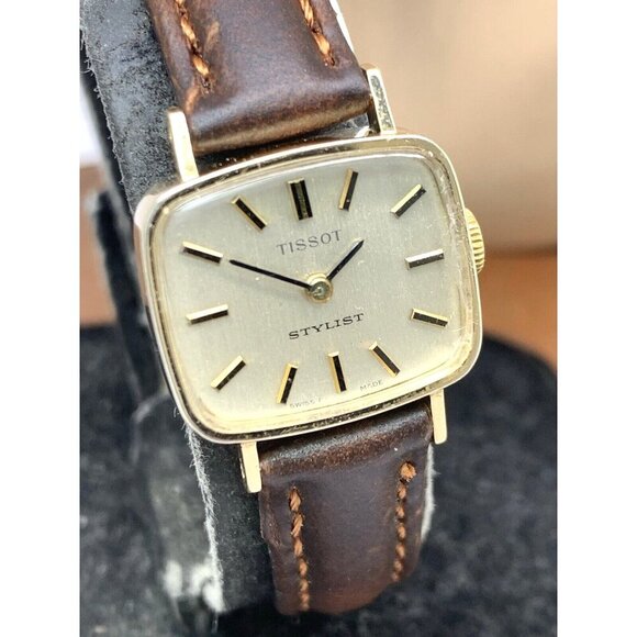 Tissot Womens Watch Vintage Swiss Mechanical Gold Silver Dial Brown Leather Band - Picture 12 of 13